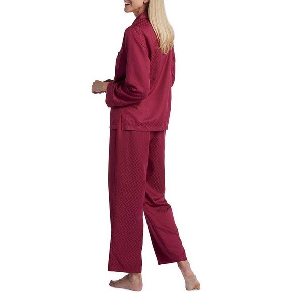 Miss Elaine Geo-Embossed Brushed Back Satin Pajama Set-Wine - Picture 2 of 6